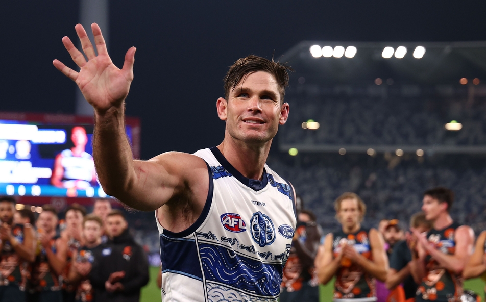 Tom Hawkins waves to supporters after Geelong's game against GWS in R11, 2024. Picture: AFL Photos